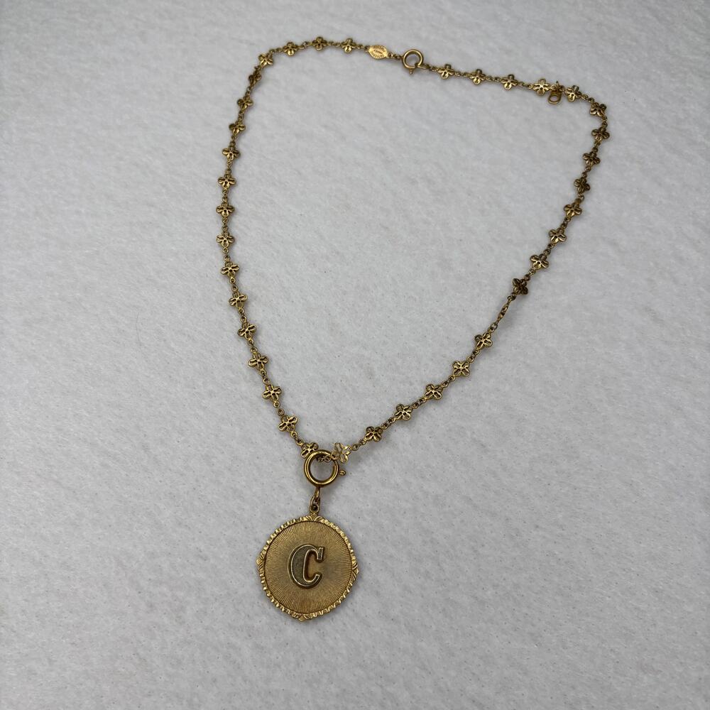 Catherine Popesco France Gold Initial C Medallion Fleur de Lis Necklace